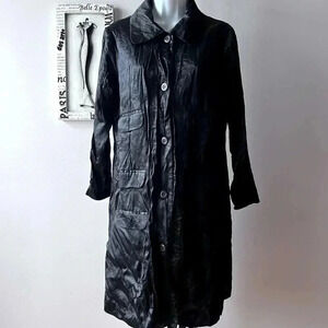 Y2K Vintage Whimsigoth Cynthia Rowley Black Crinkled Silk Satin Trench Jacket 6